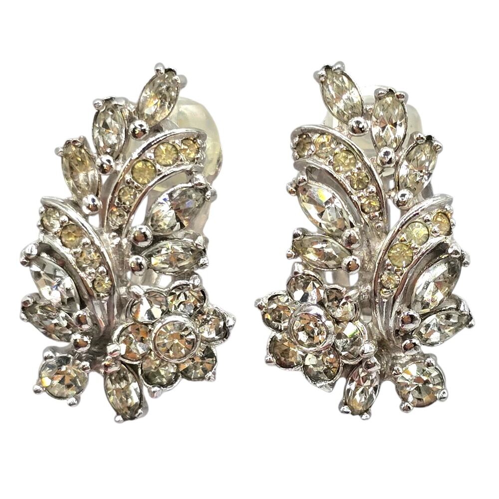 Earrings Vintage Floral Spray Signed Pennino Crystal Circa 1950s Pat 156452